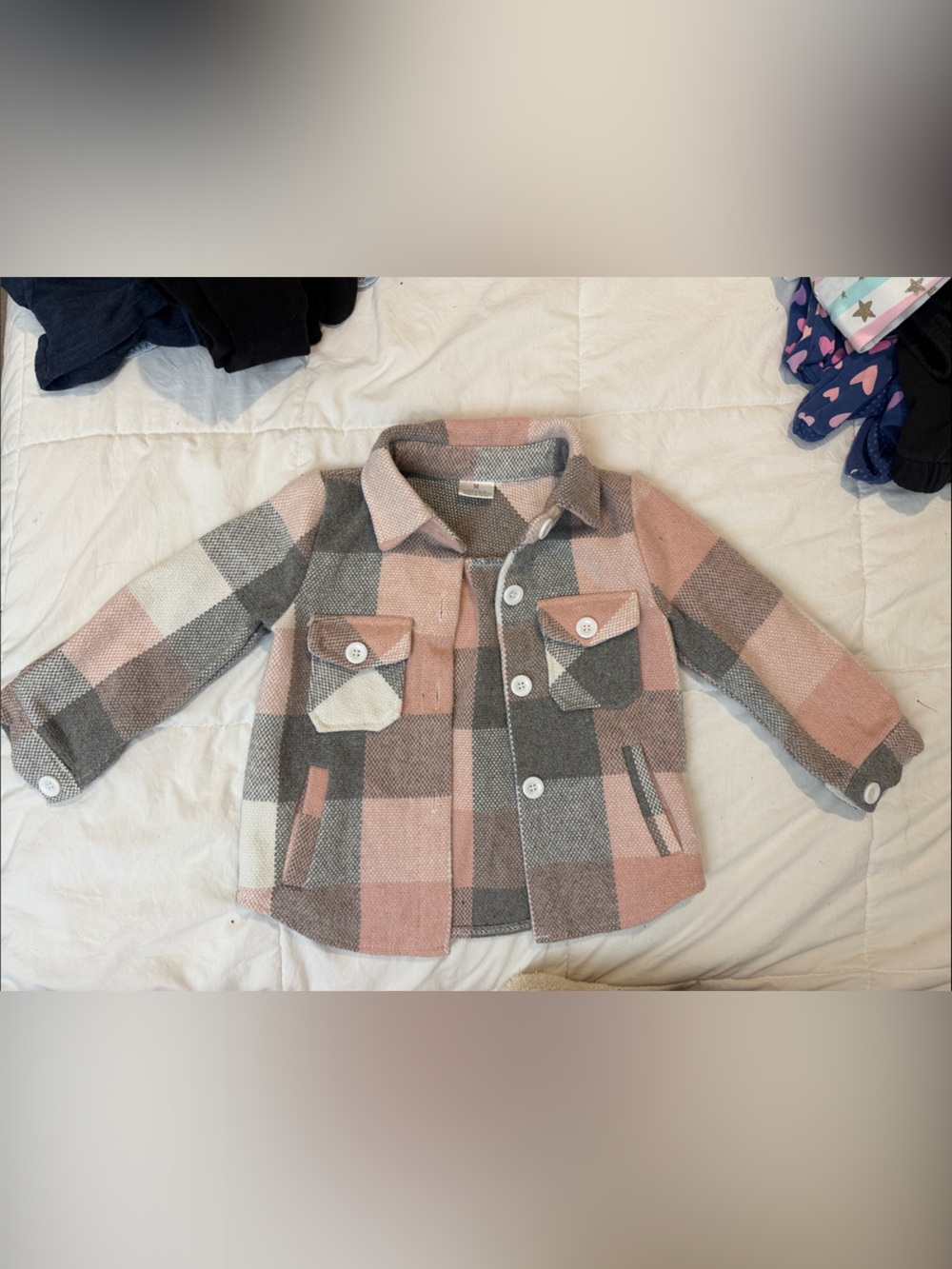 Pink and Gray Plaid Thick Button Front Coat